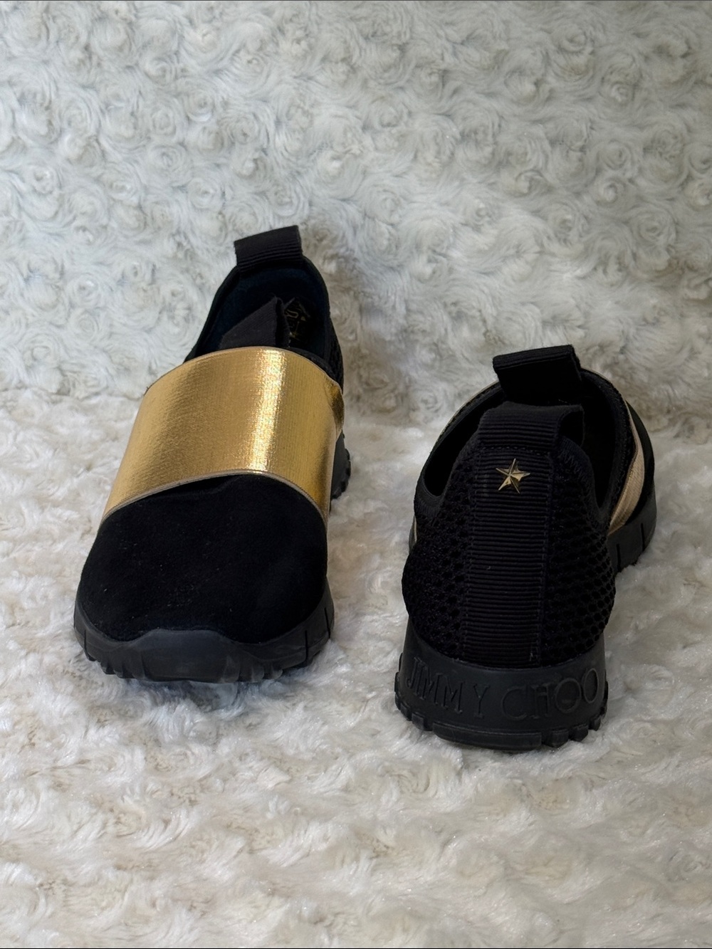 Jimmy Choo Black with Metallic Gold Band Slip-On Sneakers, sz 36.5 EU